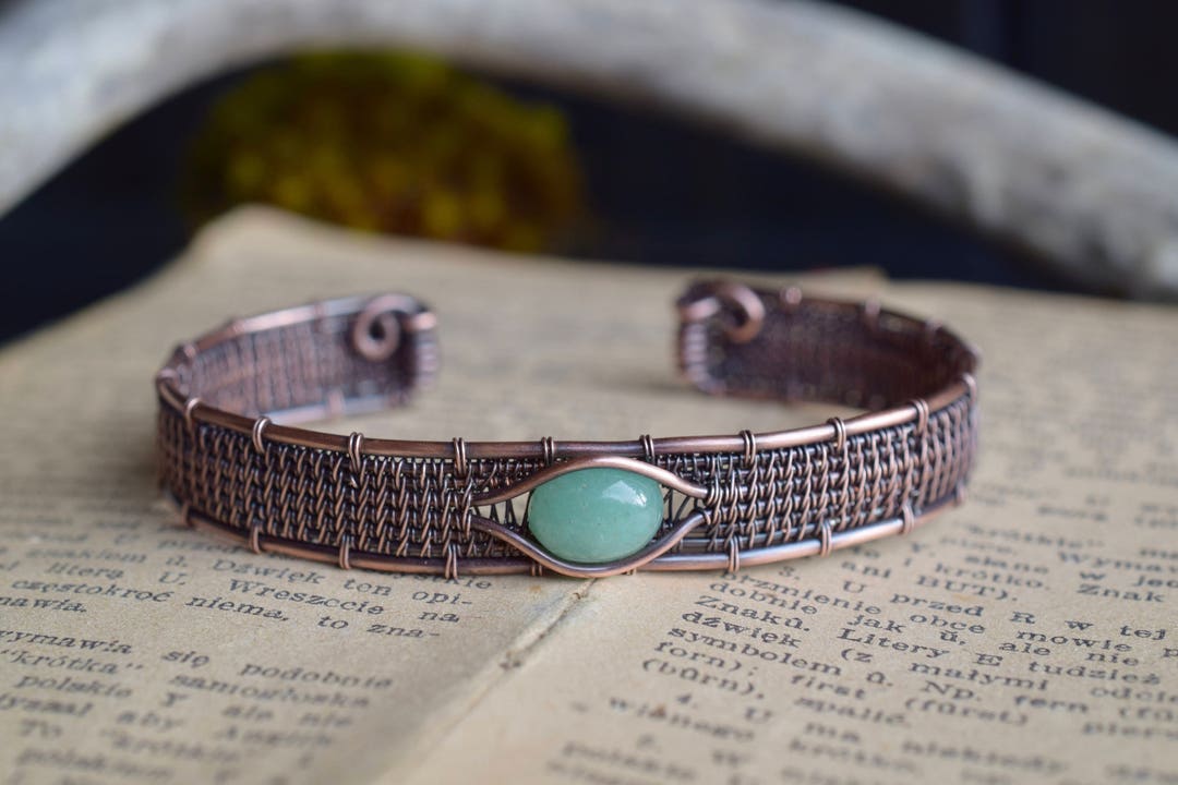 Aventurine Cuff Bracelet. Copper Bracelet. Wire Wrapped - Etsy