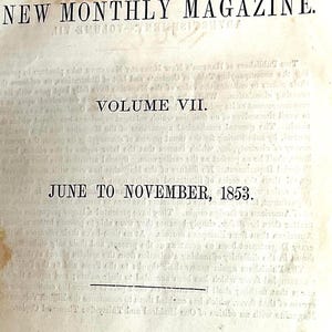 May include: A vintage book cover for Harper's New Monthly Magazine, Volume VII, from June to November 1853. The cover is printed in black ink on a cream-colored paper background.