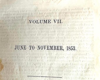 May include: A vintage book cover for Harper's New Monthly Magazine, Volume VII, from June to November 1853. The cover is printed in black ink on a cream-colored paper background.
