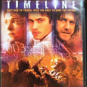 May include: DVD cover for the movie Timeline, featuring a red, orange, and yellow background with a grid pattern and numbers. The movie title is in large white letters. The tagline is "They had to travel into the past to save the future". Three men are featured on the cover, two in the foreground and one in the background. The quote "'BRAVEHEART' WITH A 21ST CENTURY TWIST." is at the bottom of the cover.