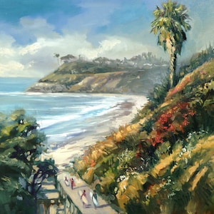 Encinitas Painting, San Diego Art, Cardiff Giclee, Palm Tree Art, California Beach, California Landscape, Pacific Ocean, Aqua Teal