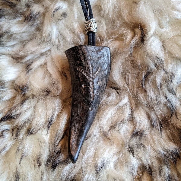 Norse Pagan goat horn pendant with Elhaz Rune