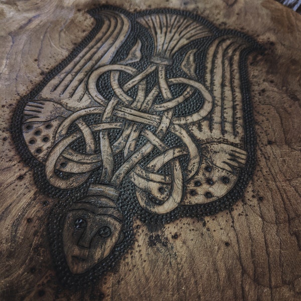 Handcrafted Teak Plate with Norse Jelling Winged Man Pyrography