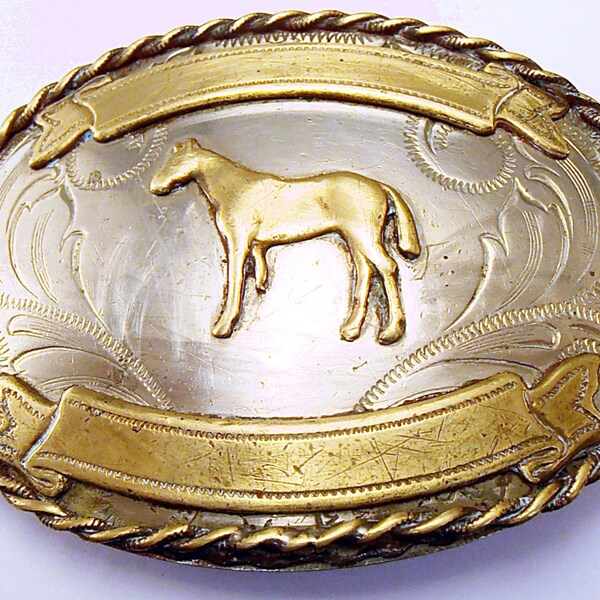 Vintage Western Belt Buckle Nickel Silver Oval Mixed Metal Horse with Banners (b102616)