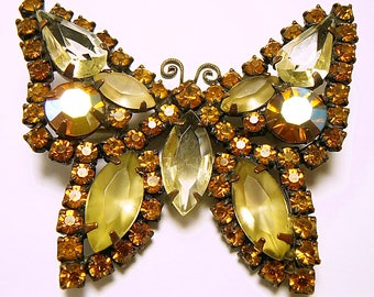 1 Vintage WEISS Butterfly Brooch Topaz Rhinestones Japanned Metal. Mid Century 1950's glamor (b42017)