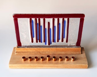 One-of-a-kind Menorah for Hanukkah, Blue, Red and White Fused Glass with Wooden Base and Copper Candle Holders, Perfect Jewish Wedding Gift