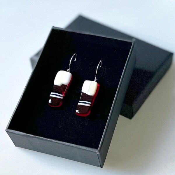 Super Cute Handmade Red Fused Glass Earrings, Red Beige White with Black and White Lines, Great Gift for Special Friend or Valentine's Day