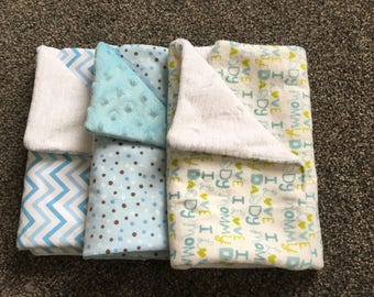 Set of 3 Burp Clothes baby boy blue chevron polka dot flannel love mom/dad flannel