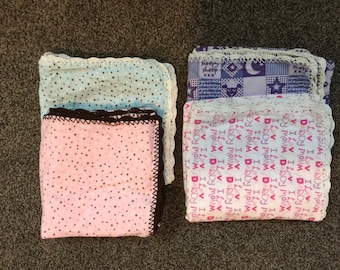 41" x 40" blue or pink or purple flannel baby blanket with scalloped crochet edging