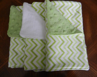 Set of 3 green chevron burp clothes boy or girl