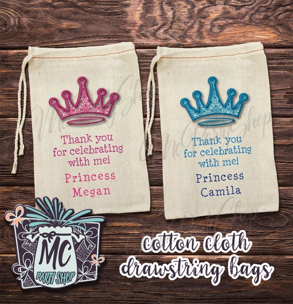 Personalized Princess Birthday Party Favor Bag Pink Blue Crown Muslin