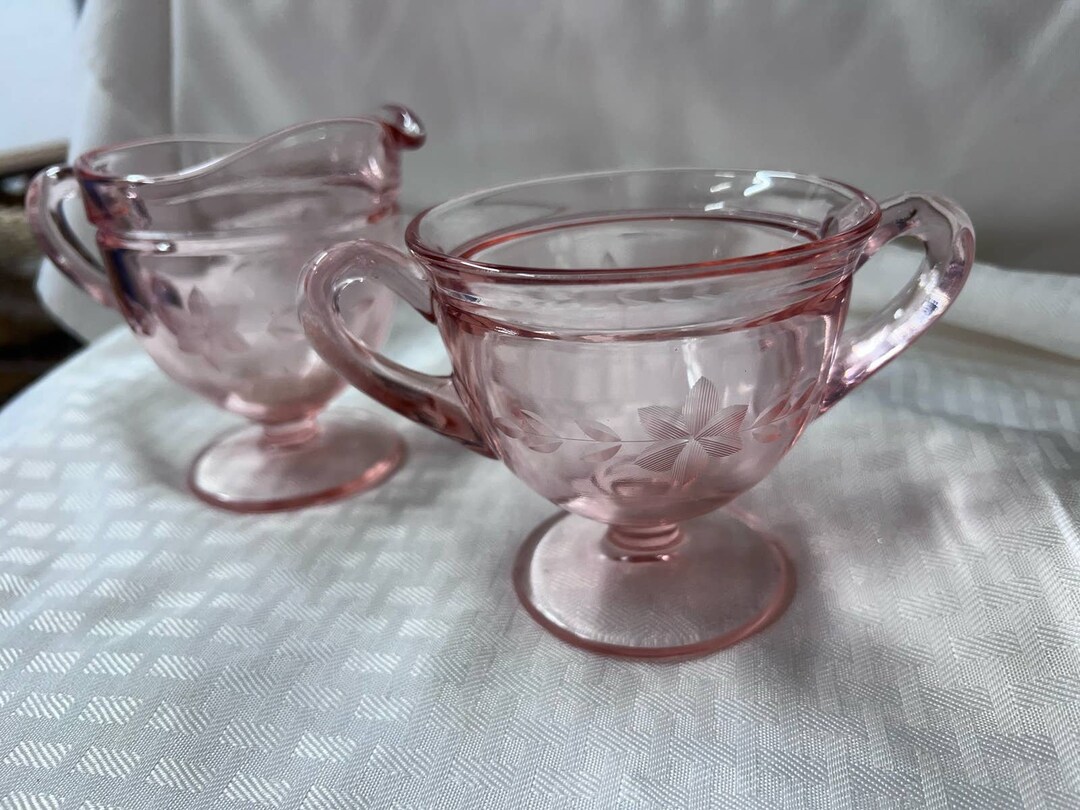 Vintage Pink Glass Creamer and Sugar Set Etsy