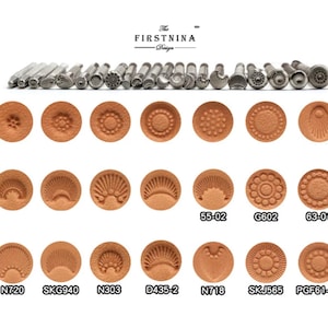May include: A collection of silver-toned metal leather stamping tools arranged in a row, with corresponding circular leather impressions below. The text 'The FIRSTNINA Design' is visible at the top. The impressions feature various geometric, floral, and sunburst patterns, with specific model numbers like 55-02, G602, 63-01, N720, SKG940, N303, D435-2, N718, SKJ565, and PGF61-02 printed beneath the bottom row.