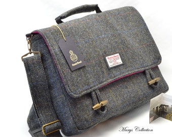 Handwoven Harris Tweed Pure Wool Designer Traditional Herringbone Briefcase Style Messenger Laptop MacBook Satchel Bag