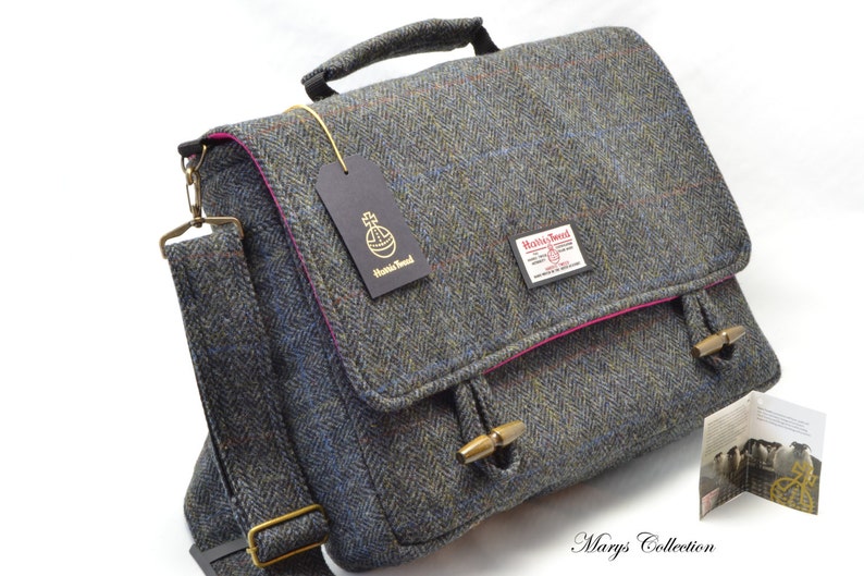 Handwoven Harris Tweed Pure Wool Designer Traditional Herringbone Briefcase Style Messenger Laptop MacBook Satchel Bag image 1