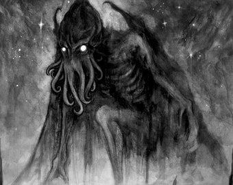 May include: A black and white illustration of a monstrous, tentacled creature with large eyes, standing in a dark, starry sky above a stormy sea.