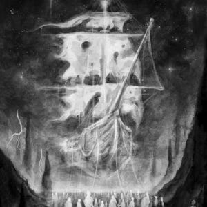 May include: A black and white monochromatic illustration depicting a large, ethereal sailing ship floating above a crowd of ghostly figures. The scene features a dark, starry sky, jagged rock formations, and a skeletal figure in the lower right corner.