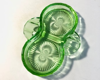 Vintage Vaseline Glass Double Inkwell Pen Rest Desk Organizer Depression Uranium Green