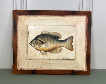 Old New England Oil Painting of a fish on Woodwn Door Panel signed C Wilkinson