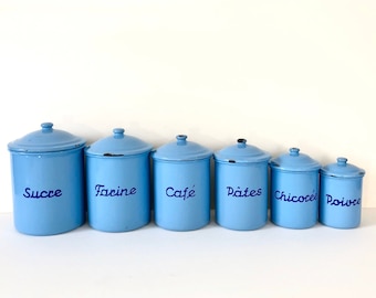 Exquisite Vintage French Enamelware Kitchen Canister Set of 6 Sphinx Filakovo Tchecoslovaquie Czech Czechoslovakia Enamel Graniteware