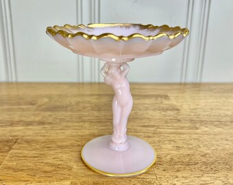 Cambridge Pink Opalescent Milk Glass Crown Tuscan Nude Scallop Compote With Gold Trim