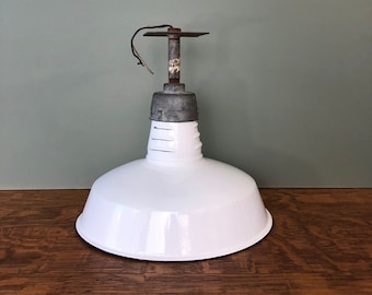 Large Vintage Industrial White Porcelain Enamel Rustic Light Shade and Fixture 14" Diameter Farmhouse Stye