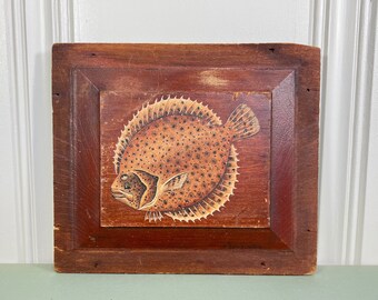Old New England oil painting of a Flounder on Wooden Door Panel by C. Wilkinson