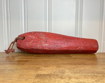 Early Primitive Red Painted and Carved Fish Form Maine Lobster Buoy