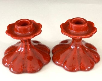 Pair of Vintage Mid Century Anthony Freeman & McFarlin Potteries of California Red Candlesticks Style 552