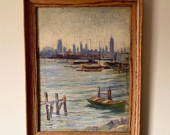 New York City Skyline Original Vintage Oil Painting by Oscar Alf 1941