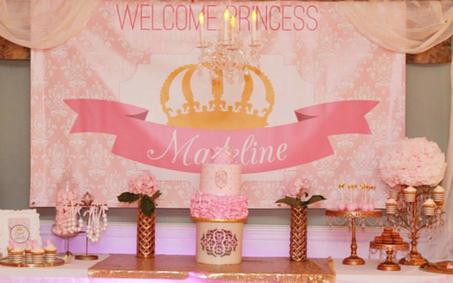 Princess Party Backdrop Pink and Gold Crown choose Your Size Etsy