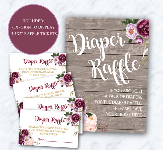 burgundy floral diaper raffle ticket sign peony gold raffle ticket signs