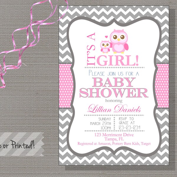 Pink Owl Baby Shower Invitation, Owl Invitation, Chevon, Owls, Pink, Grey, Owl Baby Shower-OWL Collection