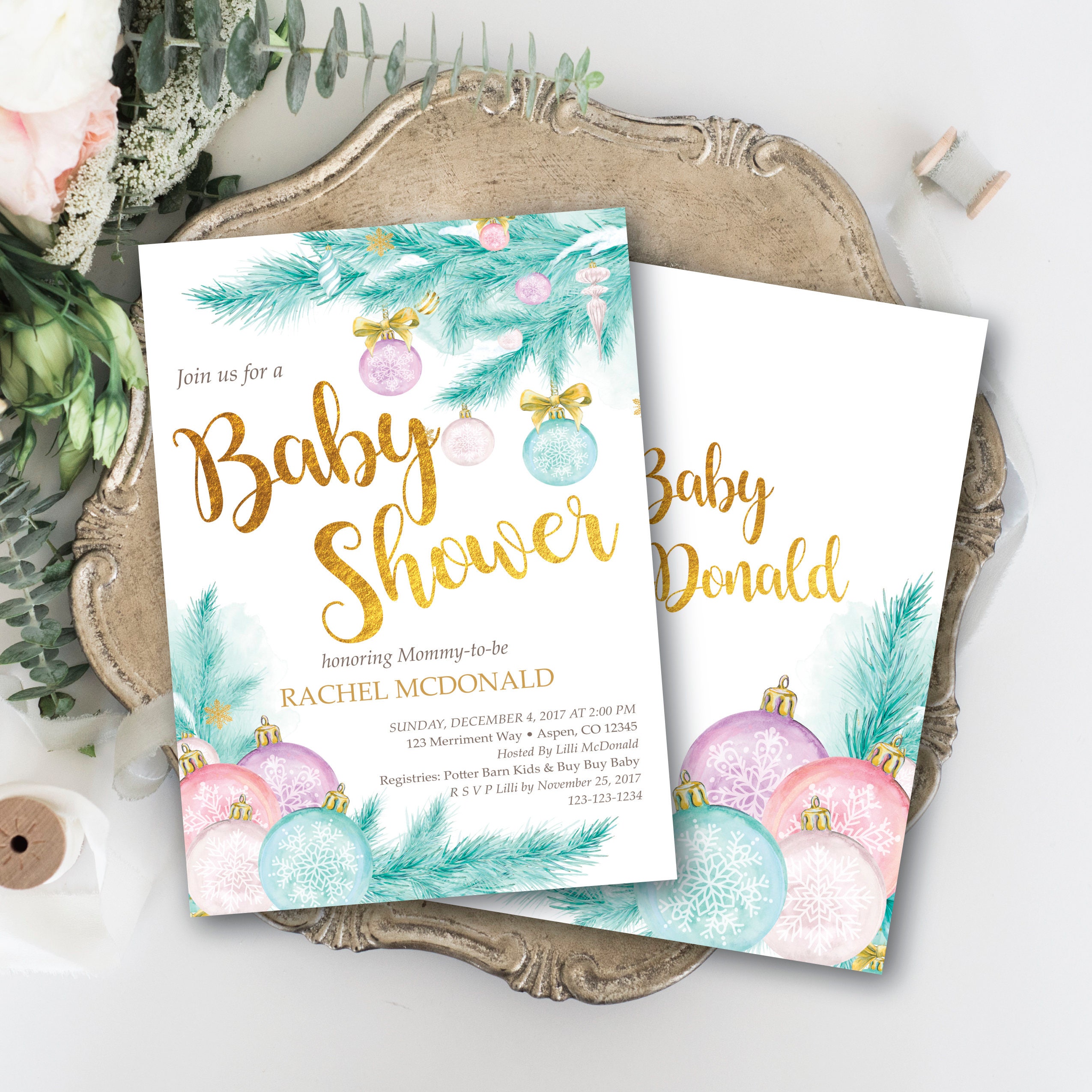 Holiday Baby Shower Invitation Chirstmas Tree Winter Baby