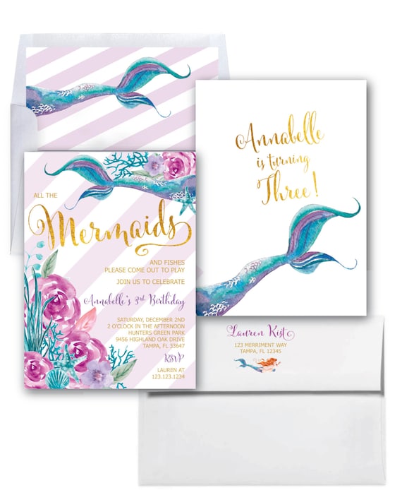 Mermaid Invitation // Under the Sea Invitation // Watercolor // Gold Foil // Boho Chic // Floral // Girls // Purple // QUEENSLAND COLLECTION Il_570xn