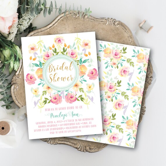Pink Yellow Peach Mint Bridal Shower Invitation Gold Glitter Spring Pink Yellow Peach Mint Bridal Shower Invitation Gold Glitter Spring