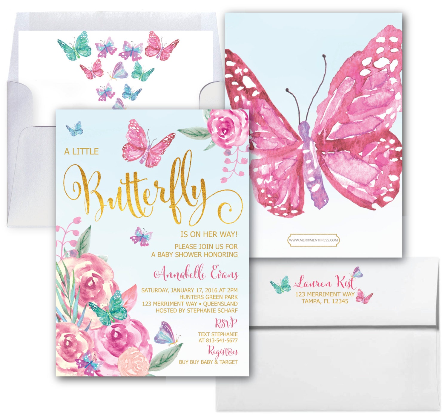 Butterfly Baby Shower Invitations Butterfly Shower Invite Baby Shower Invitation Butterflies Gold Watercolor Pink Floral Victoria