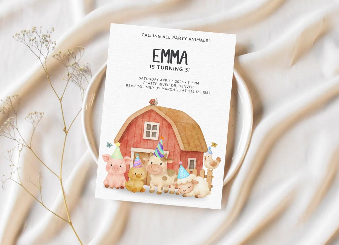 Watercolor Farm Birthday Invitation – Barnyard Animals Party Invite ...