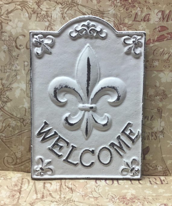 Cast Iron Fleur De Lis White Fdl French Paris Welcome Plaque Etsy