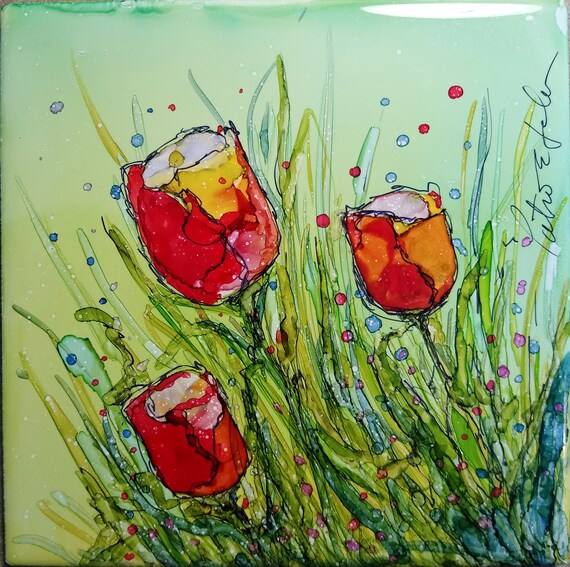 Stunning Alcohol Ink Paintings on Ceramic Tiles