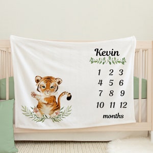 Personalized Tiger Minky Baby Milestone Blanket - Safari Nursery Decor