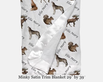 Personalized Baby Blanket, Satin Trim Minky Blanket, Name, Woodland Animals, Baby Girl Gift, Gift For Boy, Nursery Decor, Baby Shower