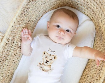 Personalized Newborn Infant Baby Rib Bodysuit Rabbit Skins 4400, Leo, Animal, Name, Baby Shower Gift, Hospital Baby Outfit, Baby Boy Gift