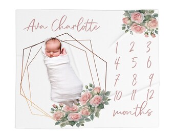 Roses Personalized Baby Month Blanket, Minky Blanket, Track Baby Growth, Name, Gift For Baby, Milestone, Nursery Decor, Baby Shower Gift