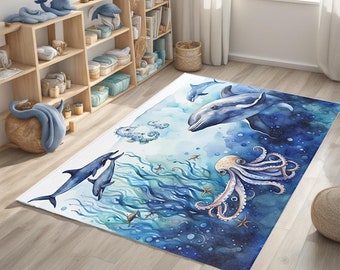 Underwater World Area Rug, Personalized, Boy Nursery, Ocean Animals, Sea, Custom, Kids Room Decor, Gift, Christmas, Boho, Nature, Name