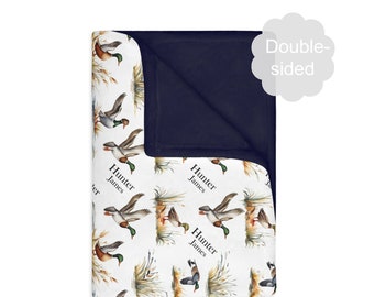 Ducks Hunting Personalized Baby or Kid Blanket Double sided Print Animals Name Velveteen Minky Blanket Girl Boy Gift Baby Shower Gift Marsh