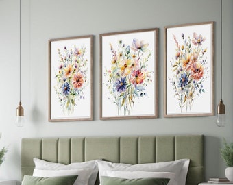 Wild Flowers Botanical Illustrations Set of Three, Floral Nursery, Girls Room, Kids Watercolor Gift, Plant Nature, Wall Art, Christmas