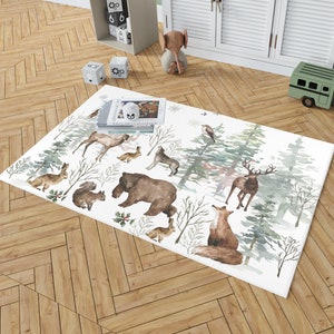 Winter Forest Animals Area Rug, Boy, Girl, Custom, Kids Room Mat, Playroom Mat, Nursery, Gift, Christmas, Nature, Name, Pattern, Bear, Wolf