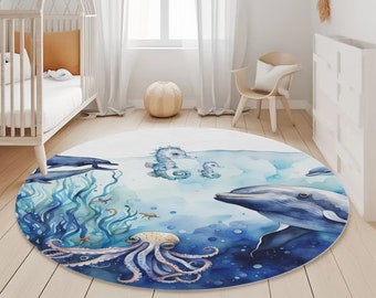 Underwater World Area Rug Boy Girl Sea Animals Nursery Playroom Sea Horse Blue Whale  Custom Kids Room Mat Gift Christmas Boho Nature Name