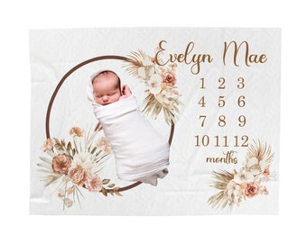 Boho Floral Personalized Baby Milestone Blanket, Orchids, Neutral, Minky, Track Baby Growth, Name, Gift For Baby Shower, Photo Prop, Newborn
